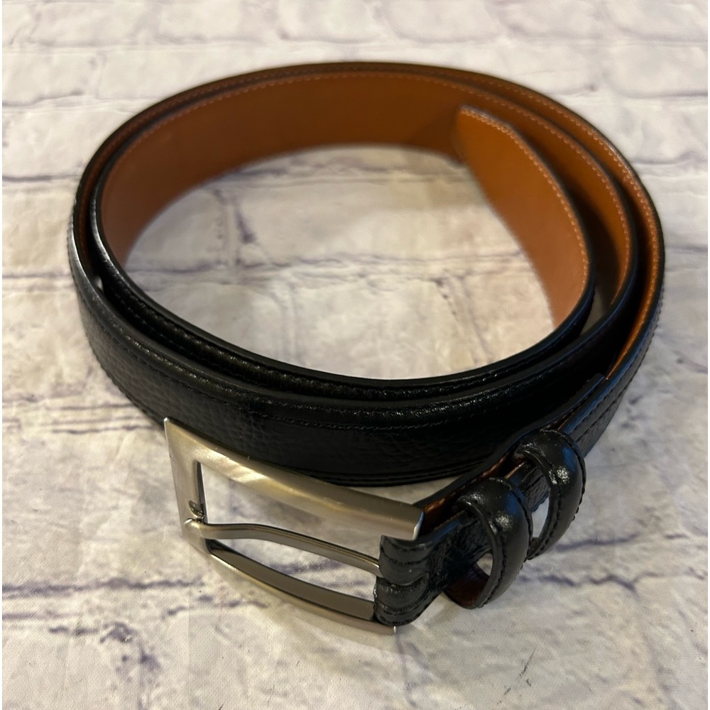 JOHNSTON & MURPHY MENS BLACK PEBBLE GRAIN LEATHER BELT SILVER BUCKLE SIZE 38
